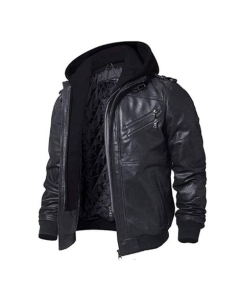 Toor Traders Biker Leather Jacket With Removable Hood For Men-Black-Medium