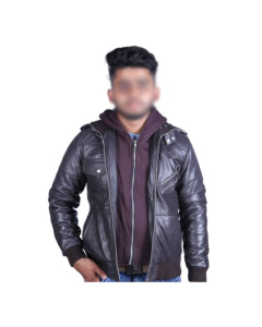 Toor Traders Biker Leather Jacket With Removable Hood For Men-Brown-Small