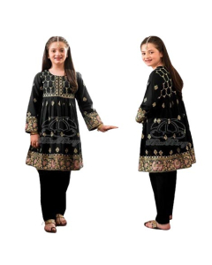 Rg Shop Screen Printed Frock for Girls-Black