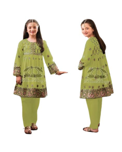 Rg Shop Screen Printed Frock for Girls-Green