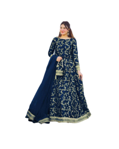 Azhari Traders Embroidered Top With Long Flare 4 Piece Suit -Blue