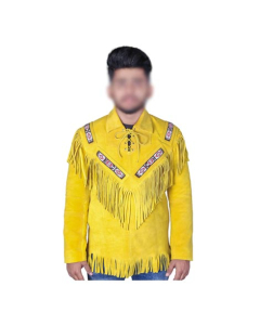 Toor Traders Handmade Fringe Leather Jacket For Men - Yellow-Medium