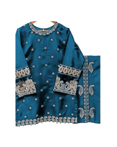 ZamZam Embroidery Dull Silk Dress For Women (AC-109)-Blue